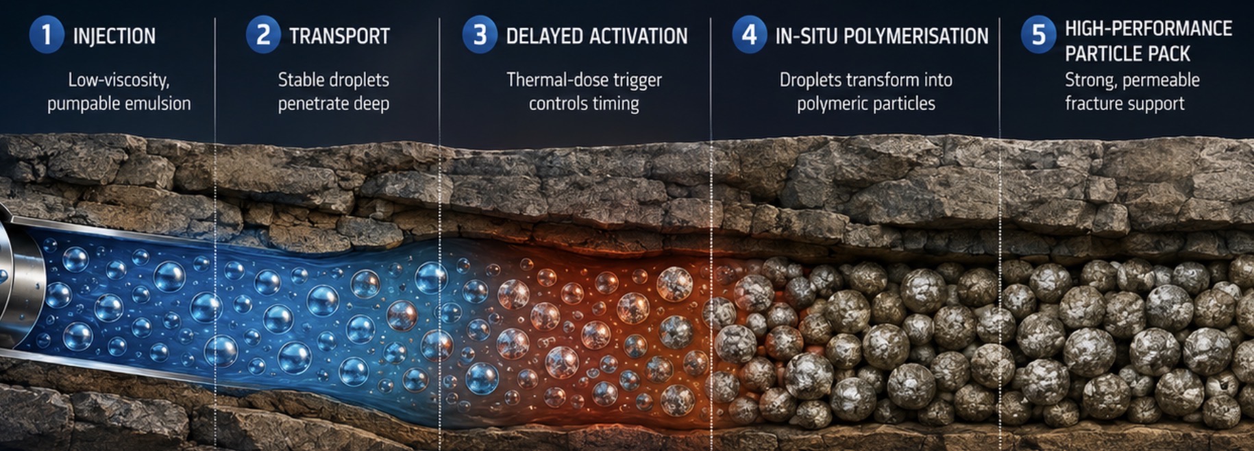 DISE sequence from injection and transport through delayed activation, in-situ polymerisation and a permeable particle pack