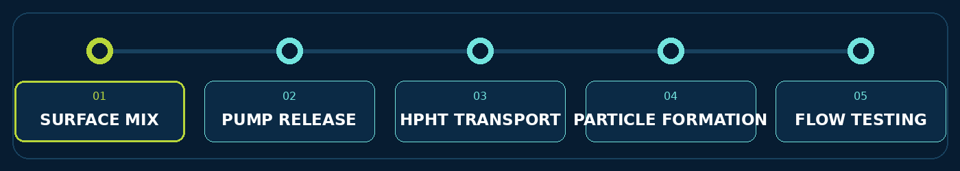 Animated DISE pathway from surface preparation and pump release through HPHT transport, particle formation and flow testing
